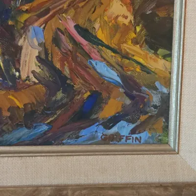 Sale Photo Thumbnail #36: Detail of an impasto oil painting signed "GRIFFIN" in the lower right corner, set in a linen liner and silver-toned wood frame.