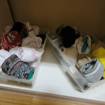 Sale Photo Thumbnail #53: Two clear plastic organizer trays filled with sorted socks, hosiery, and small knitted items stored on a white closet shelf.