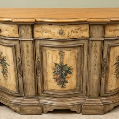 Sale Photo Thumbnail #45: Tuscan-style hand-painted wooden buffet server featuring floral and fruit motifs, three top drawers, and three cabinet doors.