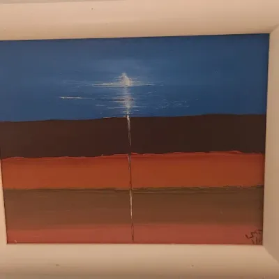 Sale Photo Thumbnail #181: Framed abstract landscape oil painting featuring layered bands of earth tones under a blue sky, signed LMS in the lower right corner.