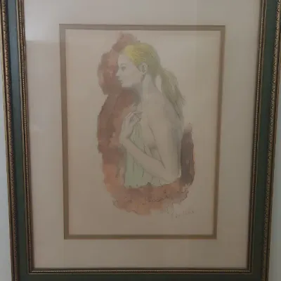 Sale Photo Thumbnail #316: Framed vintage watercolor portrait of a woman, signed by the artist, set in a gold-trimmed green molding with double matting.