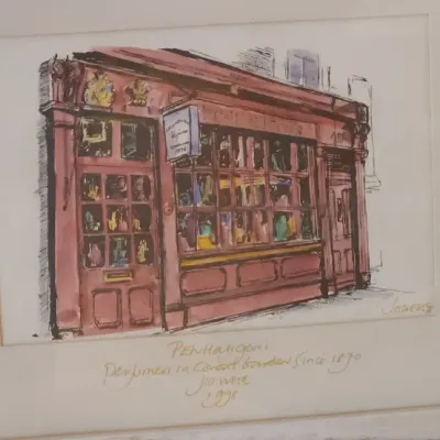 Sale Photo Thumbnail #31: Framed architectural watercolor print depicting Penhaligon's storefront in Covent Garden, signed and dated 1998 by J. Owen.