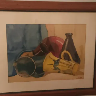 Sale Photo Thumbnail #184: Framed still life watercolor artwork depicting various pitchers and vases, presented in a mat and wooden frame.