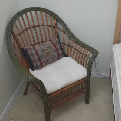 Sale Photo Thumbnail #308: Vintage wicker peacock-style accent chair with a dark green and natural finish, complete with a white seat cushion and patterned throw pillow.