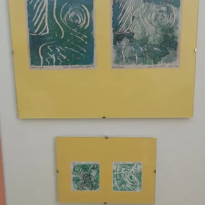 Sale Photo Thumbnail #319: Two clip-framed wall displays featuring paired abstract monotype art prints signed by Lisa Silvester and dated April 1992.