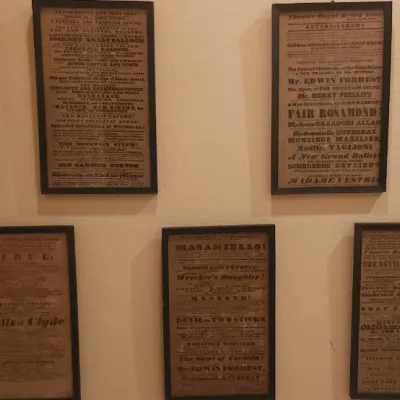 Sale Photo Thumbnail #136: Collection of seven framed vintage Theatre Royal Drury Lane broadsides, featuring period typography and performance announcements in black wooden frames.