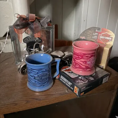 Sale Photo Thumbnail #15: Collection of Harley-Davidson collectibles, including blue and pink flame ceramic mugs, a Maisto die-cast model kit, and decorative glass block art.