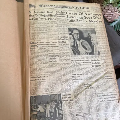 Sale Photo Thumbnail #35: A vintage September 1, 1956 front page edition of the Owensboro, Kentucky Messenger-Inquirer newspaper bound inside a large scrapbook.