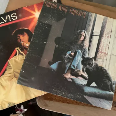 Sale Photo Thumbnail #22: Vintage vinyl LP records including Carole King's "Tapestry" and an Elvis Presley album, showing light cover wear.