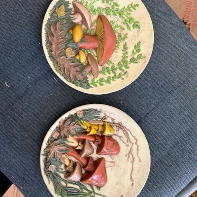 Sale Photo Thumbnail #53: Pair of vintage 1970s 3D resin or ceramic mushroom wall plaques, featuring detailed forest floor motifs with leaves and fungi in earthy tones.
