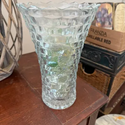 Sale Photo Thumbnail #52: Vintage clear pressed glass vase featuring a diamond pattern and scalloped rim, filled with decorative glass gems.