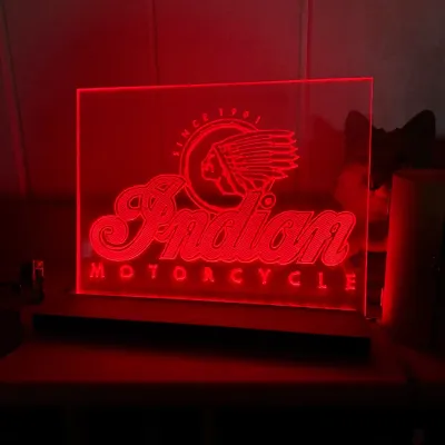 Sale Photo Thumbnail #14: Red edge-lit LED Indian Motorcycle sign featuring the brand's script logo and headdress emblem.