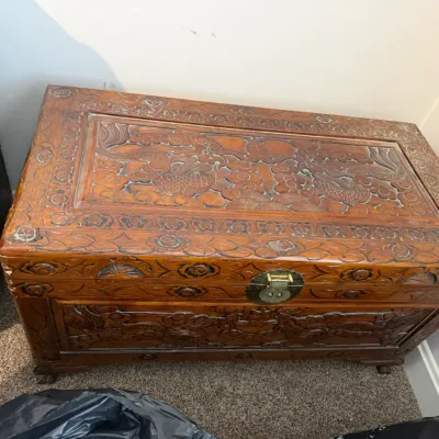 Sale Photo Thumbnail #28: Hand-carved Asian camphor wood chest featuring intricate dragon, fish, and floral motifs with a brass latch hardware.