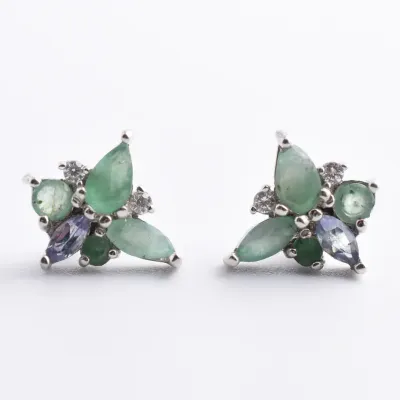 Emerald & Tanzanite Sterling Silver Cluster Stud Earrings