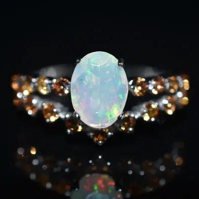 Fire Opal & Sapphire Sterling Silver Ring