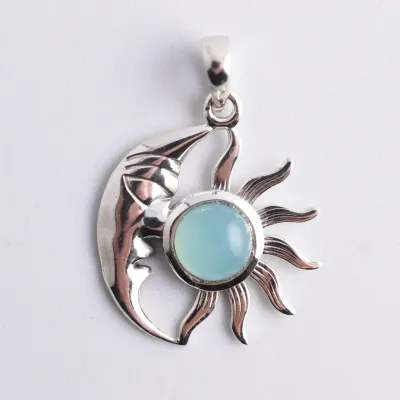 Chalcedony Cabochon Sterling Silver Celestial Pendant