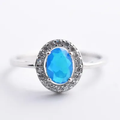 Blue Opal Sterling Silver Halo Ring