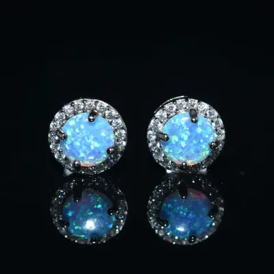 Blue Opal Sterling Silver Halo Stud Earrings
