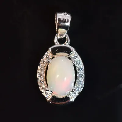 Fire Opal Cabochon Sterling Silver Modernist Pendant
