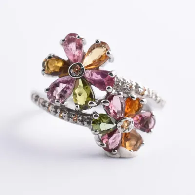 Tourmaline & Sapphire Sterling Silver Floral Wrap Ring