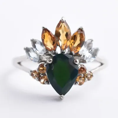 Black Opal, Aquamarine Citrine & Sapphire Sterling Silver Cluster Ring