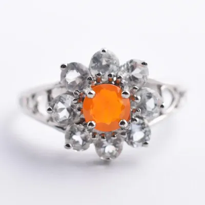 Orange Opal & Aquamarine Sterling Silver Halo Ring