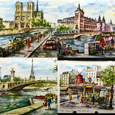 (4) MCM Arno Watercolor Prints Of Paris