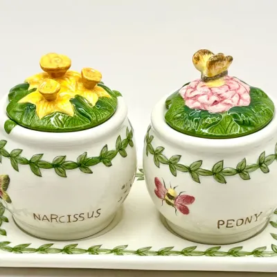(2) Portmeirion Botanic Garden Jam/Jelly Condiment Jars With Underplate