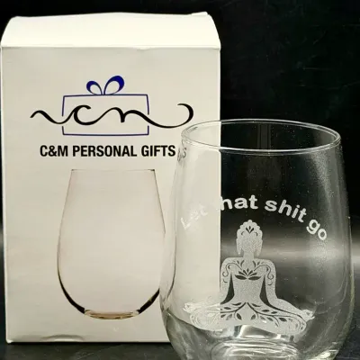 Etched Buddha Stemless Wine Glass With Original Box