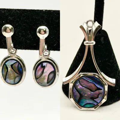 Silver Tone Screw Back Earrings & Necklace Pendant