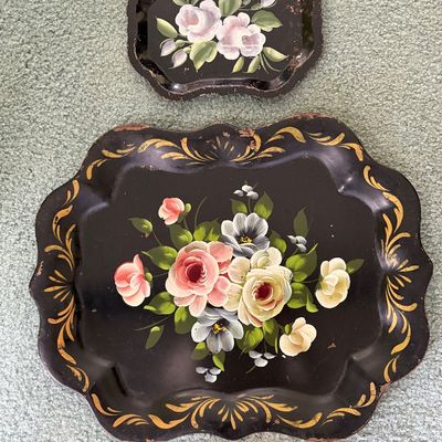 Sale Photo Thumbnail #24: Vintage toleware - hand painted floral trays on black metal trays.