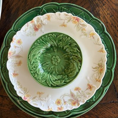 Sale Photo Thumbnail #41: Showing a combination of vintage styles with Majolica plate and bowl combined with painted Havilland bone china