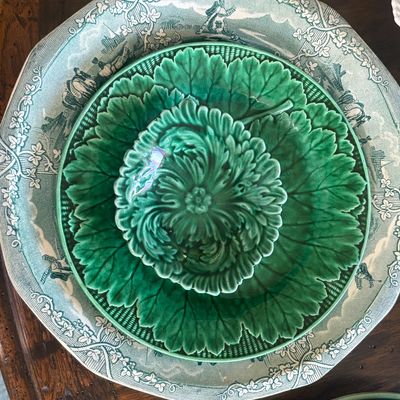 Sale Photo Thumbnail #4: Transferware dinner plate pared with Majolica Luncheon plate and bowl