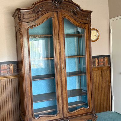 Sale Photo Thumbnail #22: Large French Provincial Rococo style Amoire. The piece is made of solid wood. The top comes off for moving. Sawtooth boards allow for flexible shelf. Large enough to hold a large screen TV. Need to be able to move downstairs and provide own transportation