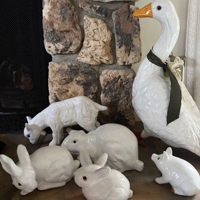 Sale Photo Thumbnail #26: Ceramic animals including a goose, goat, bunnies, and pig