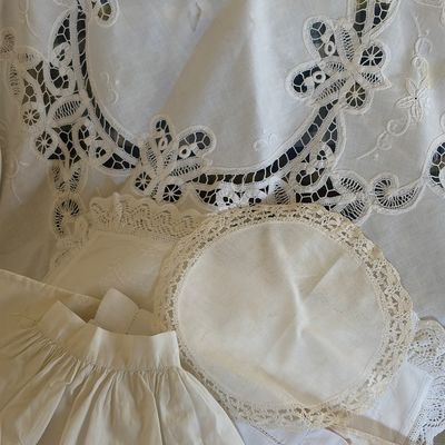 Sale Photo Thumbnail #37: Collection of machine-sewn vintage lace. Collection includes table cloths, doll clothes, and dollies.