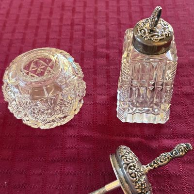 Sale Photo Thumbnail #45: Glass and ceramic desk accessories including fountain pens, ink wells, and brushes
