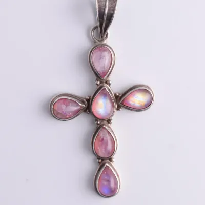 Pink Moonstone Cabochon Sterling Silver Cross Pendant