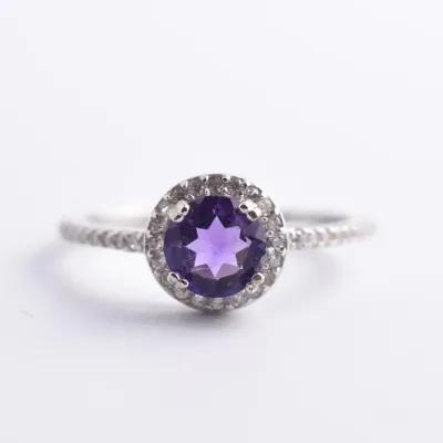Natural Amethyst Sterling Silver Halo Ring