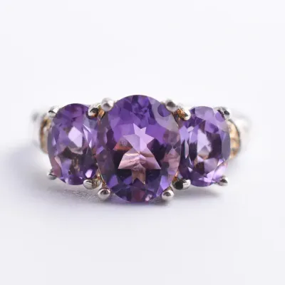 Amethyst & Diamond Sterling Silver Tri Ring