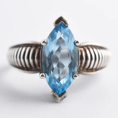 Blue Topaz Sterling Silver Grooved Ring