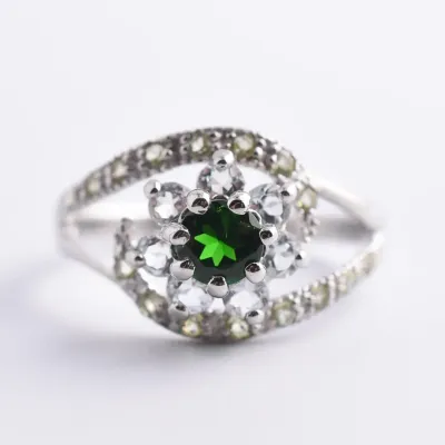 Chrome Diopside, Peridot & Aquamarine Sterling Silver Ring