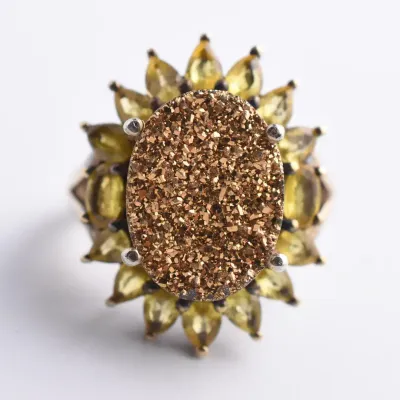 Druzy Agate & Yellow Topaz Sterling Silver Gold Vermeil Halo Ring