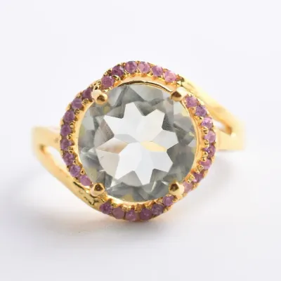 Green Amethyst & Pink Sapphire Sterling Silver Gold Vermeil Ring