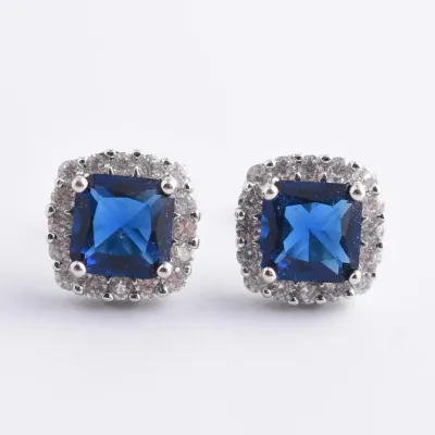 Blue Sterling Silver Halo Stud Earrings