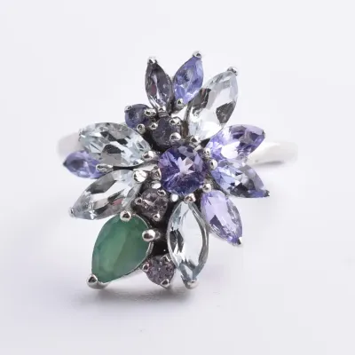 Tanzanite, Aquamarine & Emerald Sterling Silver Burst Ring