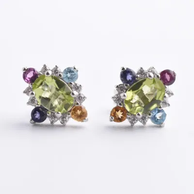 Peridot, Citrine, Blue Topaz, Rhodolite Garnet & Iolite Sterling Silver Cluster Stud Earrings