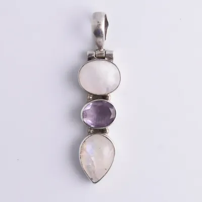 Moonstone Cabochon & Amethyst Sterling Silver Pendant