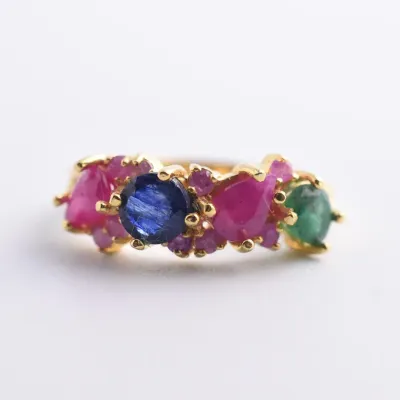 Ruby, Blue Sapphire & Emerald Sterling Silver Gold Vermeil Line Ring