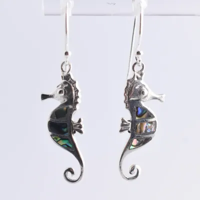 Abalone Sterling Silver Seahorse Dangle Earrings